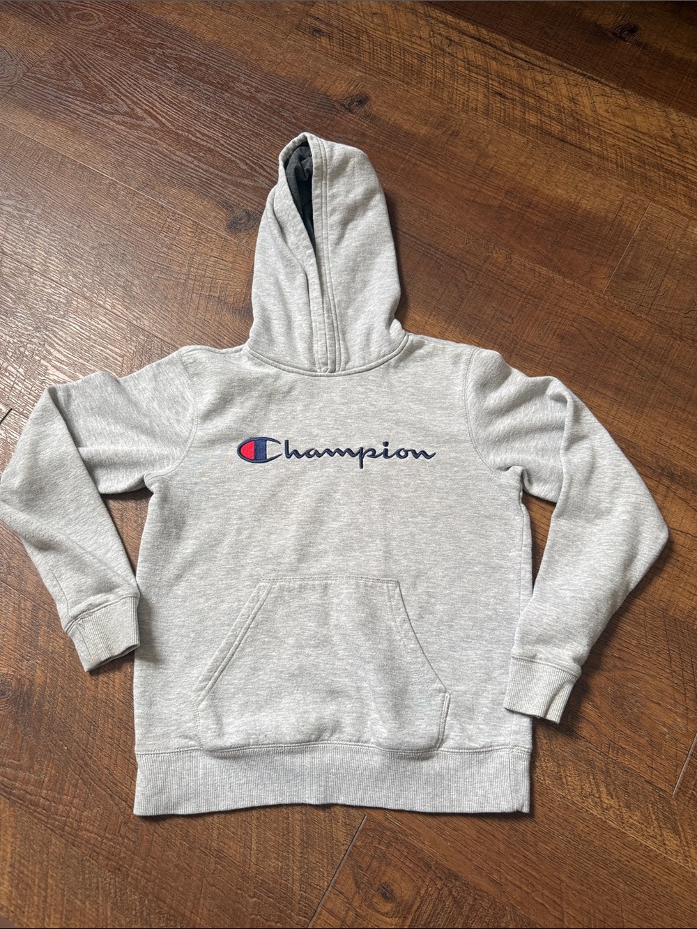 Champion Gray Script Logo Hoodie Size Large Pullover Sweatshirt